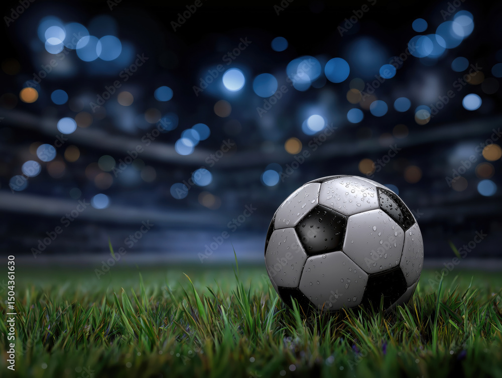 Fototapeta premium Soccer ball resting on lush green grass, glistening with droplets, illuminated by stadium lights, creating an atmosphere of excitement and anticipation for the game ahead