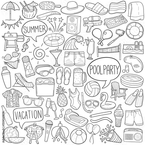 Pool Party Summer Traditional Doodle Icons Sketch Hand Made Design Vector	

