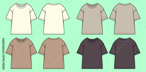 Women round neck short sleeve drop shoulder t-shirt bundle technical drawing fashion flat sketch vector illustration template front and back views outline CAD mockup