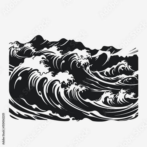 Ocean waves art black and white seascape illustration sea storm water drawing graphic design nature artwork print silhouette