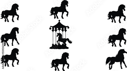 Carousel Horses Silhouettes Arranged Around a Central Carousel on White Background