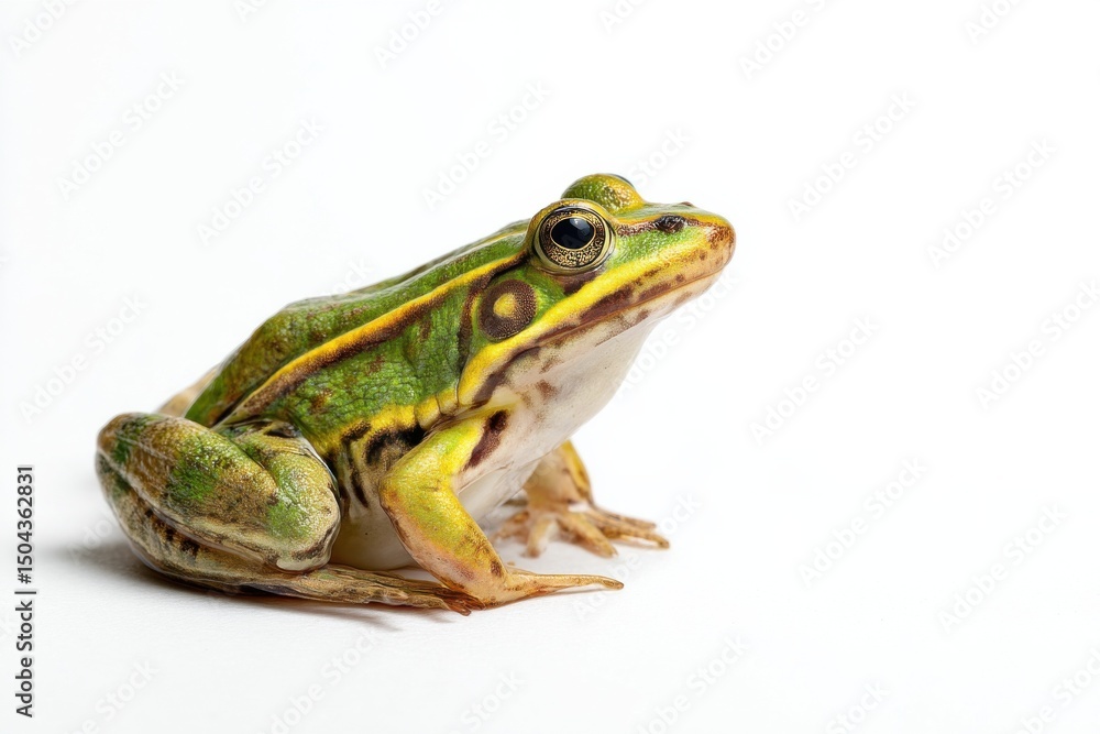 Naklejka premium Green Frog Sitting on White Surface in Studio Shot, Representing Wildlife Conservation and Amphibian Awareness : Generative AI