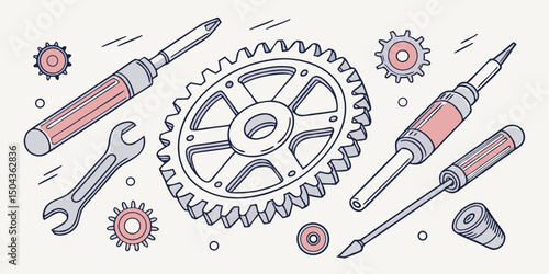 Hand drawn vector illustration of gear wrench screwdrivers and bearings repair concept