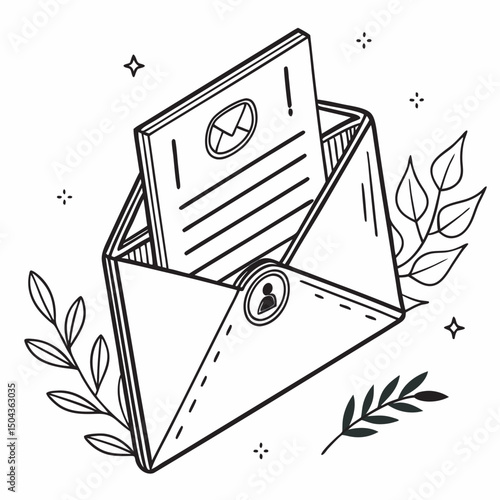 Open envelope with resume and email newsletter outline vector illustration
