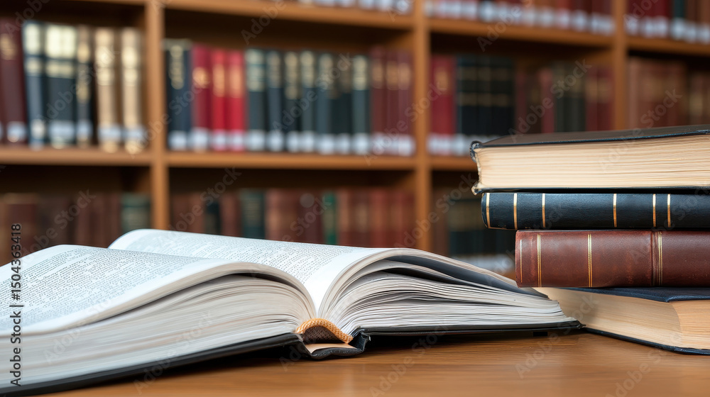 Fototapeta premium Collection of legal books and open reference material on wooden table, showcasing knowledge and research in scholarly environment