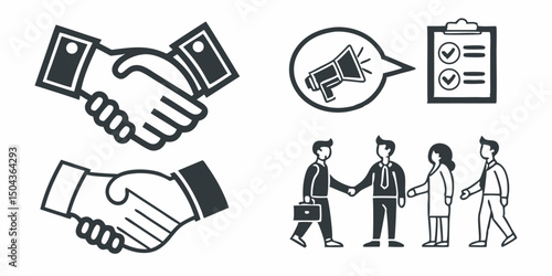 Business agreement and negotiation icons depicting partnership achievement and teamwork