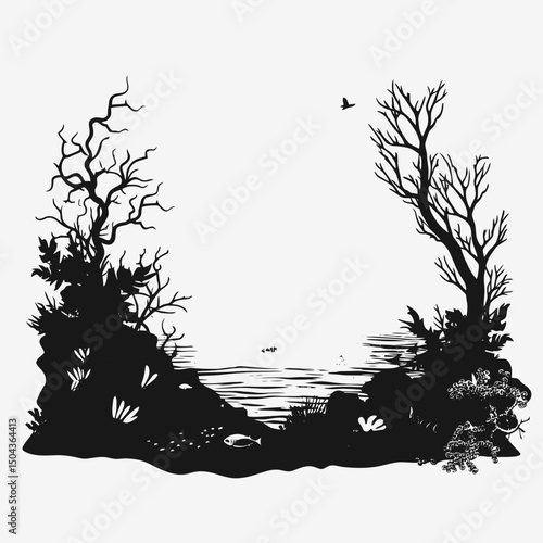 Ocean seascape monochrome illustration trees bird fish coral reef underwater scenery nature artwork silhouette