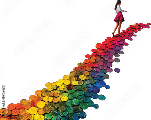 Ambitious businesswoman confidently ascends a stack of gold coins symbolizing financial success and career growth.