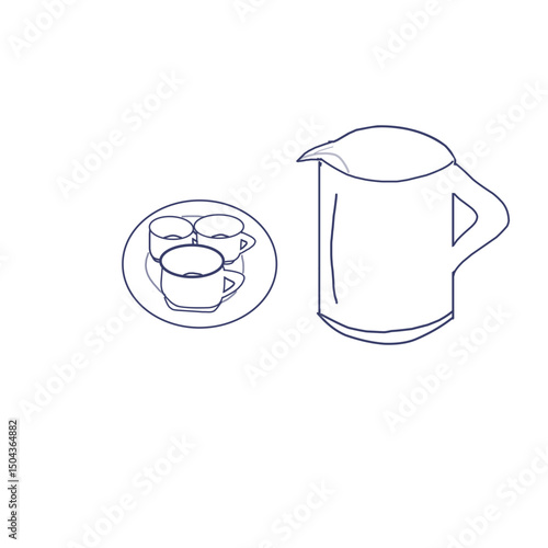 A simple line drawing of a kettle and a plate with three cups.