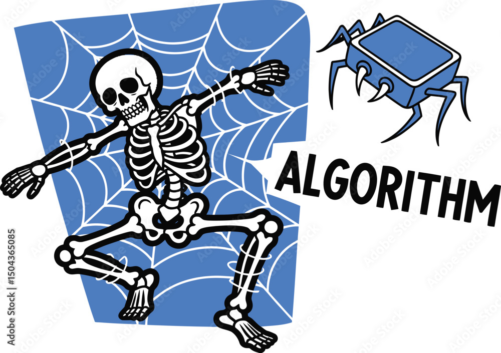 Obraz premium Skeleton Trapped by Social Media Algorithm Spider - Vector Cartoon