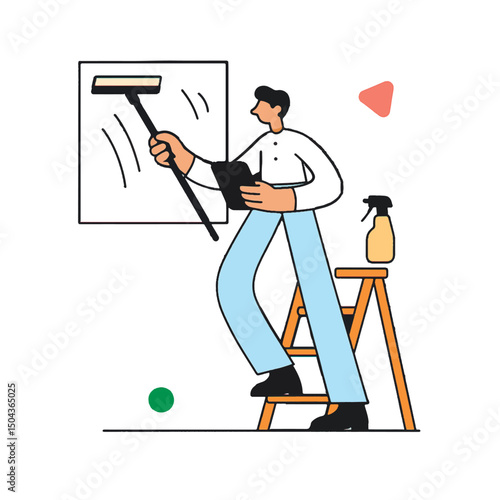Man standing on ladder cleaning window with squeegee and spray bottle. Flat minimal style vector illustration of window cleaner at work.