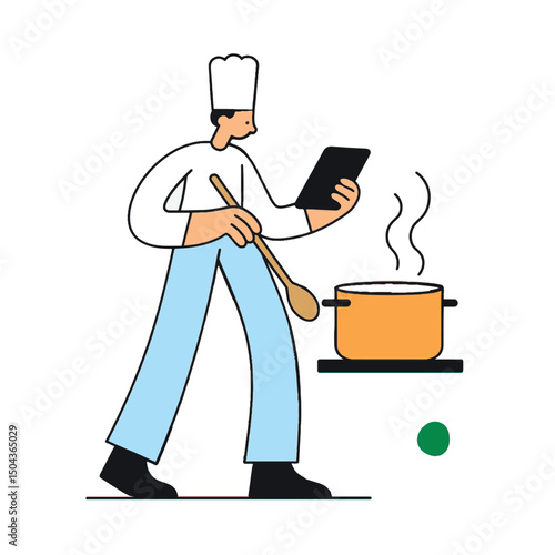 Chef in a tall hat stirring soup while reading a recipe on tablet. Flat minimal vector illustration of cooking process in modern kitchen.