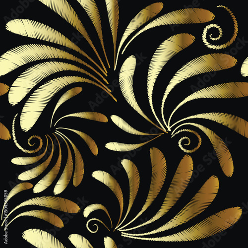 Seamless elegant hand drawn pattern with golden embroidered swirl paisley flowers on black background. Luxury decorative textile design. Ethnic style floral gold lines hatched endless ornaments.