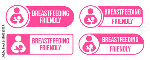 Breastfeeding icon set. Breastfeeding Friendly label. Baby care symbol. Mother and baby icons. Breastfeeding logo, badge, symbol, black, line, flat vector, isolated illustration.