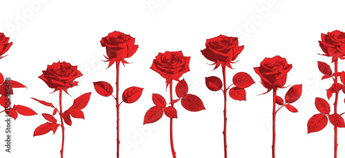 Seamless pattern of upright red roses with stems — a structured and repeating floral design for wrapping paper, wallpaper, or fabric.