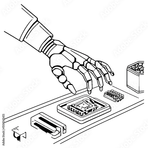 Modern flat illustration of humanoid robot arm assembling microchips, futuristic lab background, metallic and blue color palette, clean and sleek design