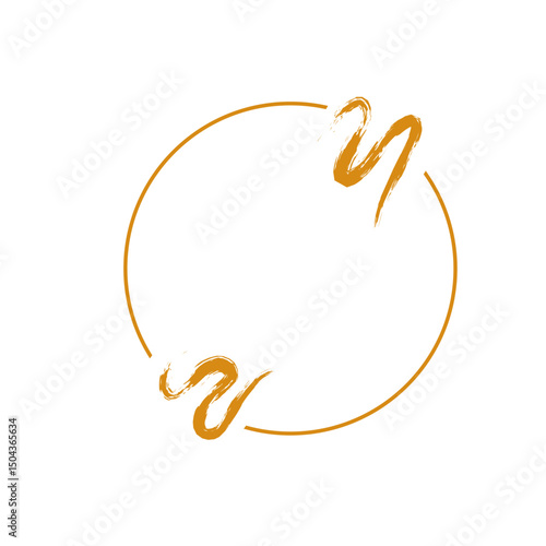 A minimalist golden circular frame with two abstract brush strokes, one at the top right and one at the bottom left.