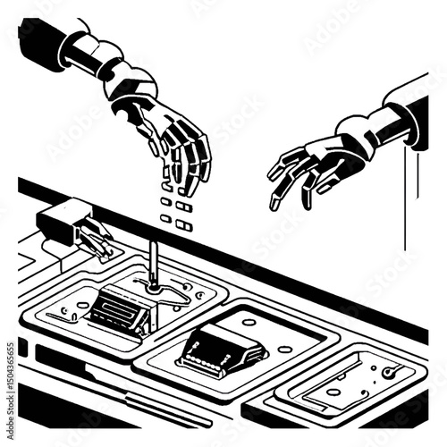 Modern flat illustration of humanoid robot arm assembling microchips, futuristic lab background, metallic and blue color palette, clean and sleek design