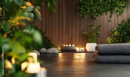 Tranquil Spa Setting With Candles and Massage Towels in a Serene Garden Retreat
