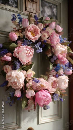 Beautiful Floral Wreath Adorned With Pink and Purple Flowers on a Vintage Door