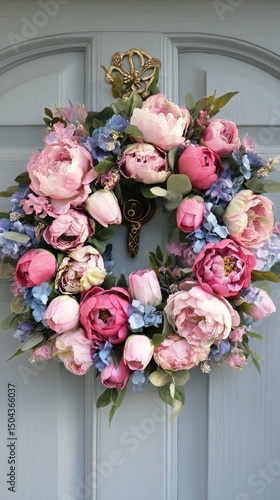 Bright Floral Wreath Adorns a Door Decorated With Pink and Blue Flowers Durin...