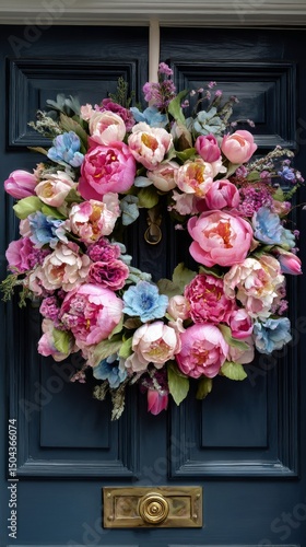 Bright and Colorful Floral Wreath Adorns a Dark Blue Door During Spring Season