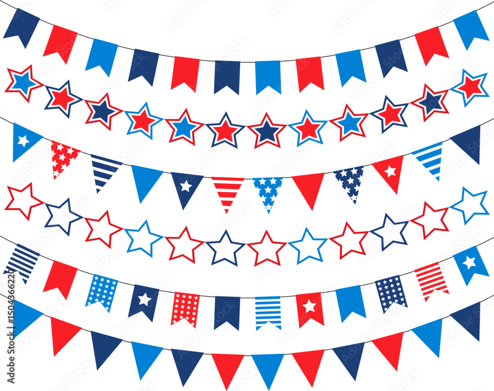 Obraz premium Vector set of isolated flags, garlands for American Independence Day.