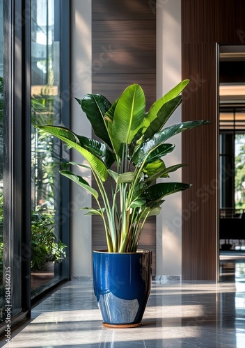 Lush Indoor Plant Enhances Lobby Ambiance in Modern City Building on a Sunny Day