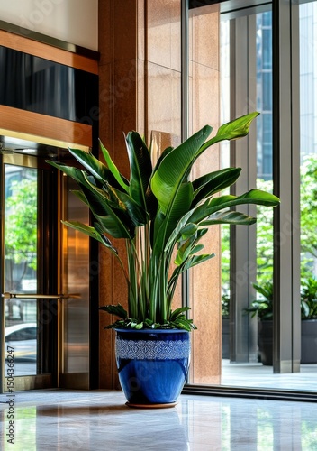 Lush Indoor Plant Enhances Lobby Ambiance in Modern City Building on a Sunny Day