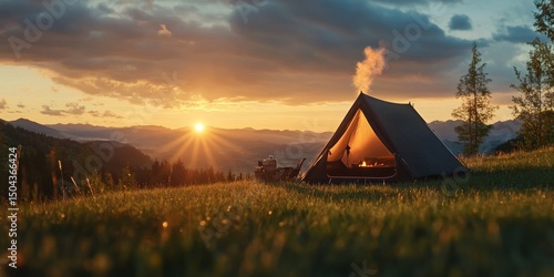Golden Sunset Over a Mountain Tent Campsite With Smoke Rising From a Campfire