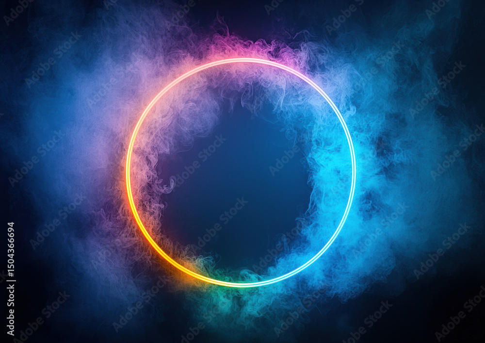 Obraz premium Glowing neon circle surrounded by colorful mist creating magical light effect
