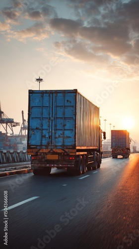 Trucks Transporting Cargo at a Port During Sunset With Cranes in View