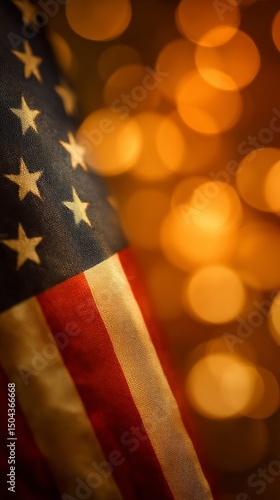 Beautiful American Flag Close-Up With Warm Glowing Background Lights