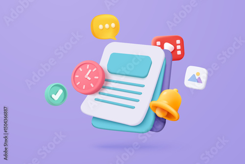 3D media data with video and photo gallery library. Searching image and video files in database. Document management soft, document form, compound docs concept. 3d file icon vector render illustration