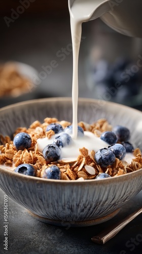 Breakfast Bowl of Granola Topped With Blueberries and Yogurt During Morning M...