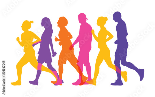 Walking marathon, people run, colorful poster. Vector illustration background silhouette