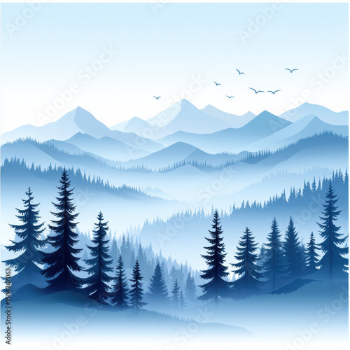 Serene blue mountain landscape with pine trees and birds flying in sky