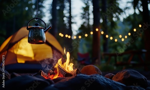 Enjoying a Cozy Evening by the Campfire With Friends at the Forest Campsite