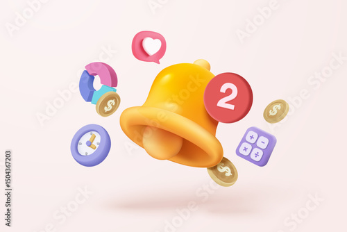 3D minimal notification bell icon with bubble speech floating around on pastel background. new alert concept for social media element. 3d bell alarm icon for message vector render illustration