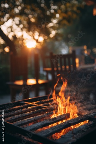 Warm Flames Dance Above a Grill in a Serene Forest Setting During Sunset