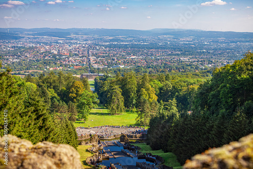 Spectacular view of Kassel, Germany from the Hercules Statue viewpoint at the baroque Bergpark Wilhelmshohe UNESCO World Heritage
