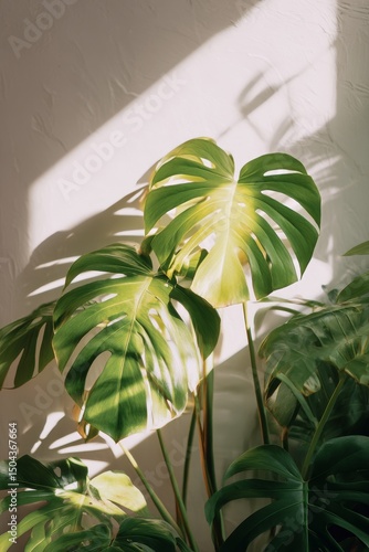 Bright Monstera Leaves Basking in Sunlight Creates a Tranquil Indoor Atmosphere