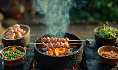 Grilling Skewers With Meat and Vegetables in a Rustic Outdoor Setting at Sunset