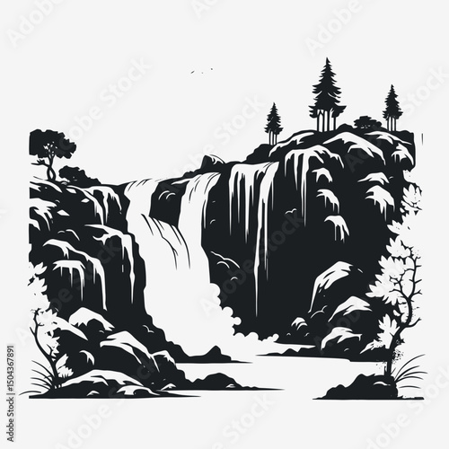 Black white waterfall nature landscape trees rocks water scenic cascade outdoor environment monochrome view silhouette