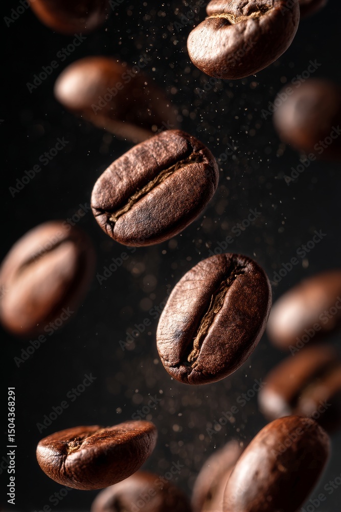 Coffee Beans in Mid-Air With an Elegant Dark Background Highlighting Their Texture and Richness Coffee Beans in Mid-Air With an Elegant Dark Background Highlighting Their Texture and Richness