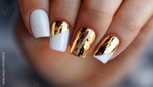 Elegant White and Gold Nail Art With a Modern Cracked Design for Stylish Looks