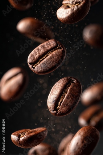 Coffee Beans in Mid-Air With an Elegant Dark Background Highlighting Their Te...