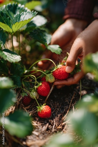 Hand Harvesting Ripe Strawberries in a Lush Agricultural Field During the Day