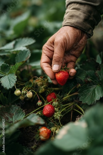 Hand Harvesting Ripe Strawberries in a Lush Agricultural Field During the Day