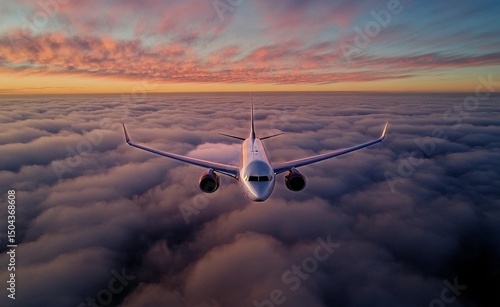Airplane Flying Above Clouds During Colorful Sunset in the Sky